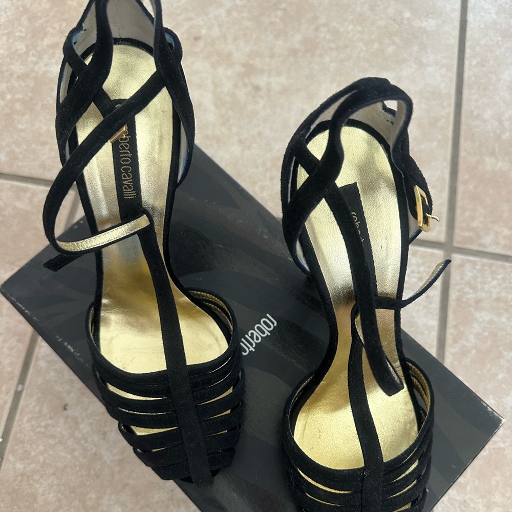 Roberto Cavalli Black and Gold Strappy Heels